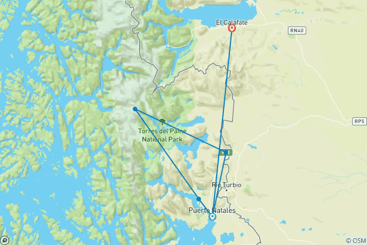 Karte von Schätze von Patagonien: Torres del Paine Nationalpark & Perito Moreno Gletscher