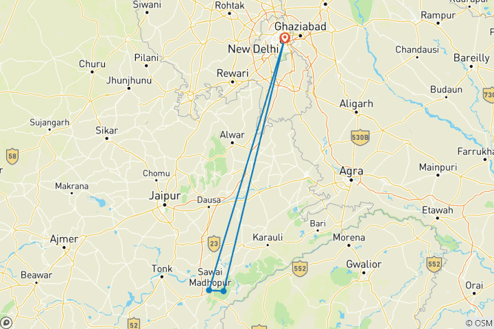 Mapa de Rutas del Tigre Majestuoso: Un lujoso safari de 3 días por Ranthambore desde Delhi o Jaipur