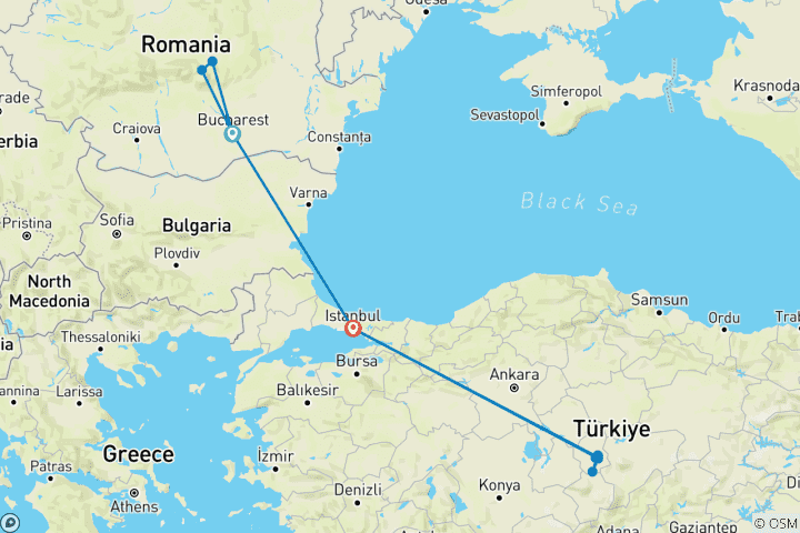 Carte du circuit Circuit de 7 jours à la découverte de Bucarest, de la Transylvanie, d'Istanbul et de la Cappadoce - Circuit pour petits groupes