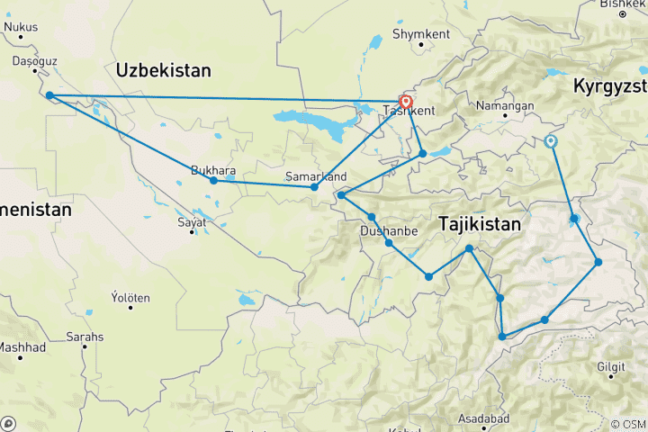 Carte du circuit La route du Pamir et la Route de la Soie (19 jours)