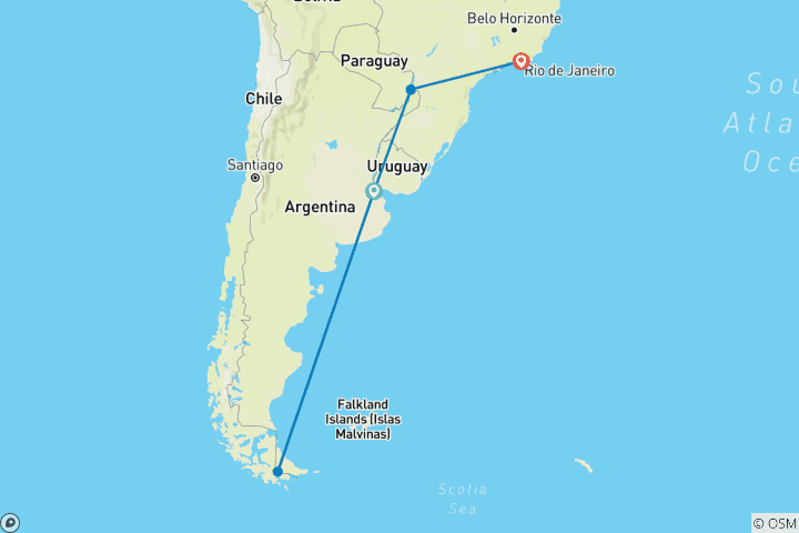 Kaart van Hoogtepunten van Antarctica, Argentinië en Brazilië - Cruise & Land Journey 2026