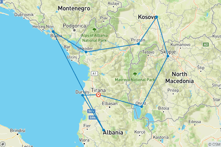 Carte du circuit Circuit privé de 6 jours dans les Balkans : Albanie, Macédoine du Nord, Kosovo et Monténégro