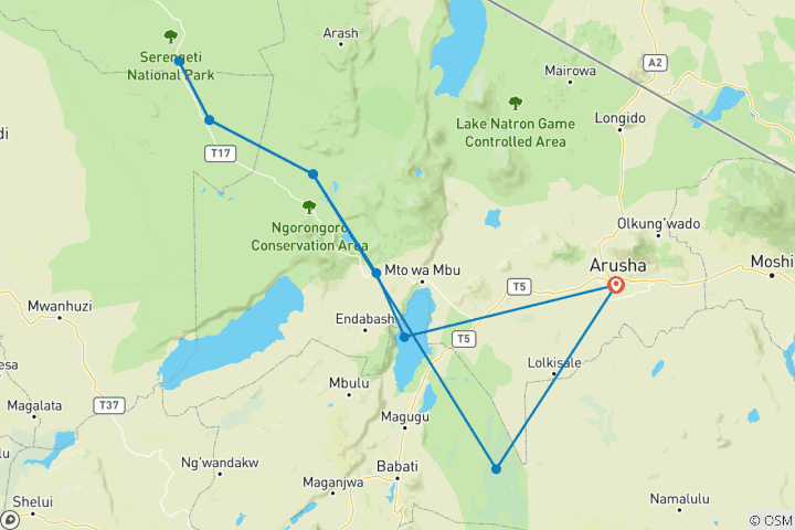 Kaart van Expeditie naar de Big Five in Tanzania - Een week vol wilde ontdekkingen