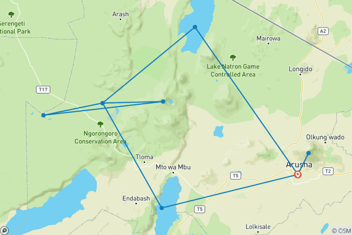 Kaart van Safari met flamingo's en roofvogels - 6 dagen het mooiste vogelleven van Tanzania