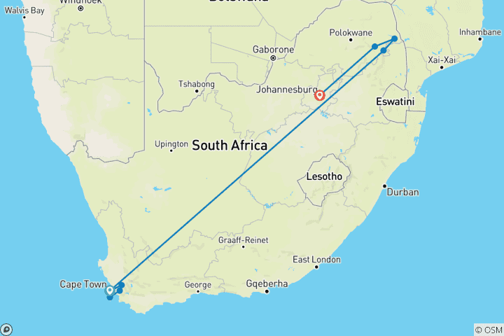 Carte du circuit Explorateur de luxe du Sud National Geographic : Safari au Cap et au Kruger