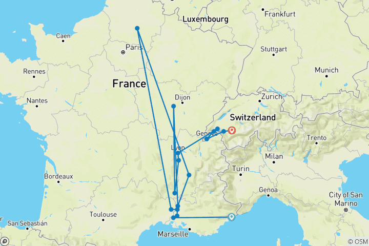 Carte du circuit Sensations printanières de Lyon et de la Provence avec les montagnes suisses