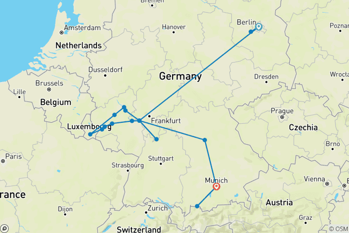 Carte du circuit Les points forts de l'Allemagne et le légendaire Rhin et Moselle 2027 - 14 jours (from Berlin to Neuschwanstein)