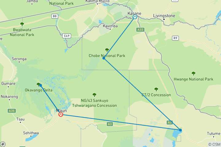 Carte du circuit Le Botswana dans son intégralité - Parcs nationaux et faune sauvage du delta