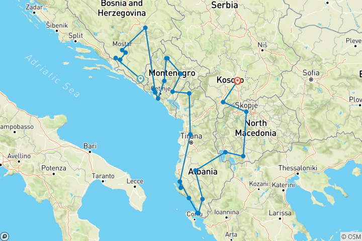 Carte du circuit Aventure classique dans les Balkans : De Trebinje à Pristina