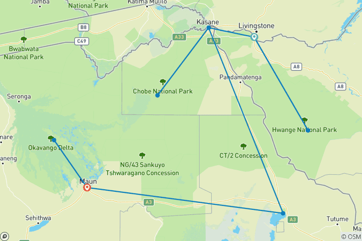 Map of Zimbabwe & Chobe Safari: From Victoria Falls to the Okavango