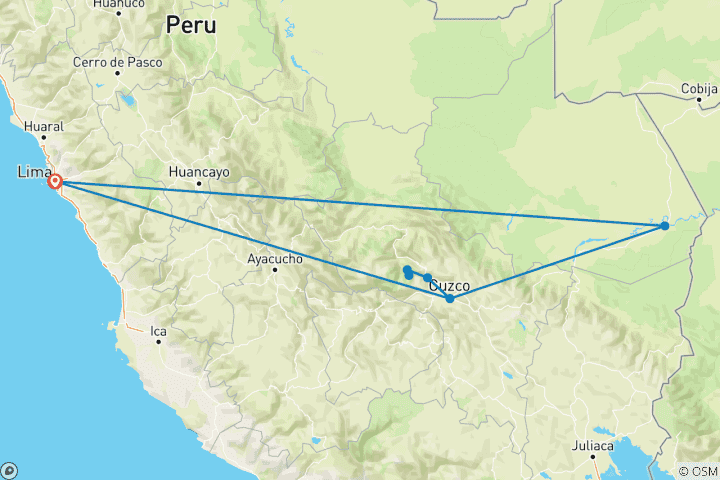 Carte du circuit De l'Amazonie aux Andes avec le Machu Picchu en train