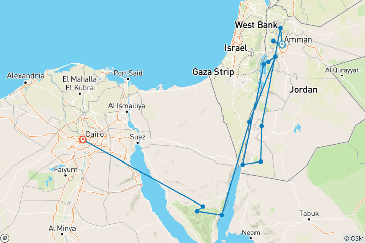 Carte du circuit De la Jordanie à l'Égypte : Camping dans le Wadi Rum et baignade dans la Mer Morte