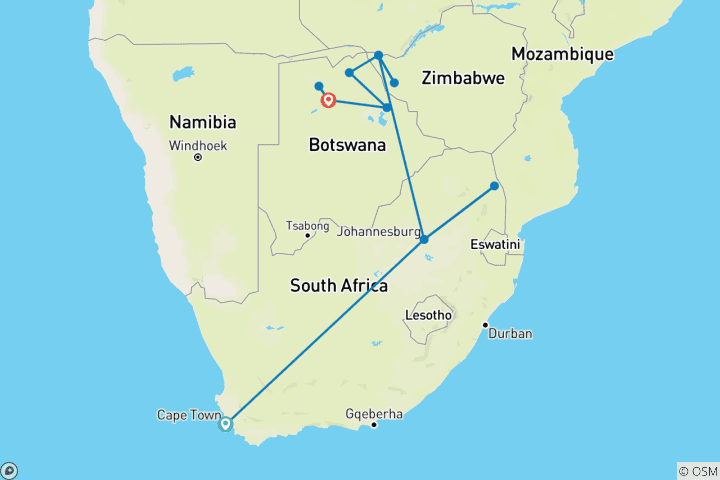 Carte du circuit L'Afrique inoubliable : Du Cap au delta de l'Okavango