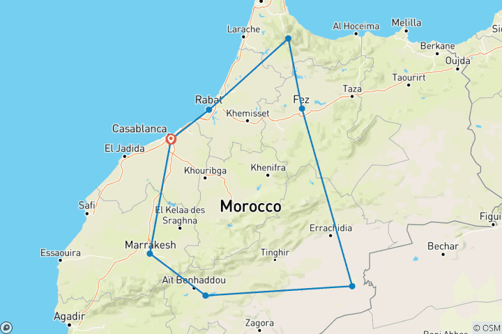 Carte du circuit Circuit privé de 8 jours dans les villes impériales et le désert du Sahara au Maroc, de Casablanca à Casablanca