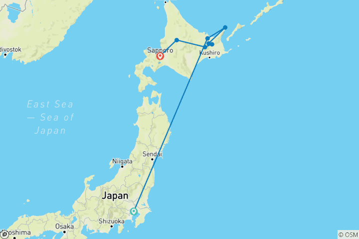 Carte du circuit Le nord du Japon actif : Hiver à Tokyo et Hokkaido