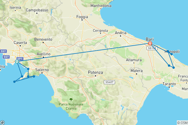 Carte du circuit Amalfi et les Pouilles en 8 jours !