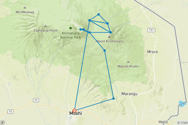 Map of Mount Kilimanjaro Climbing Rongai Route.