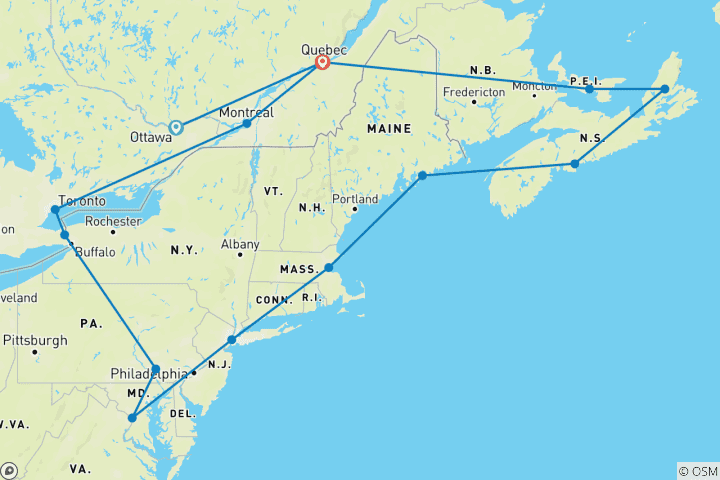 Karte von Farben von Ostkanada & Neuengland Kreuzfahrt 2026 - 24 Tage