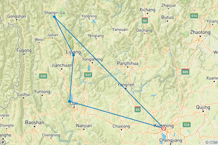 Carte du circuit 10 jours - Meilleur circuit au Yunnan - Circuit privé