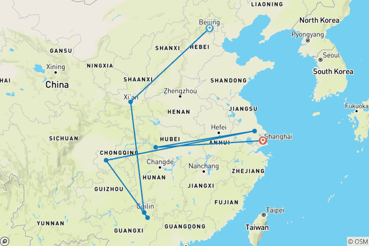 Karte von Vom Li-Fluss zum Jangtse Tour in 13 Tagen