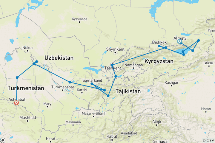 Carte du circuit L'ultime circuit des 5 Stans : Kazakhstan, Kirghizistan, Tadjikistan, Ouzbékistan et Turkménistan - Découvrez l'Asie centrale en 16 jours