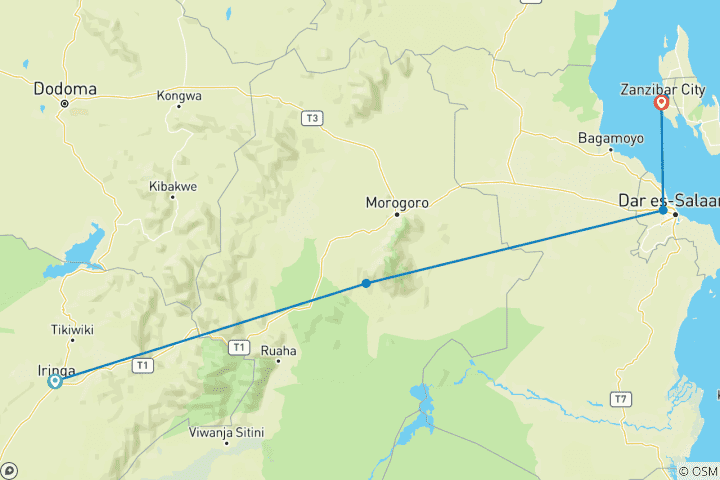 Carte du circuit D'Iringa à Zanzibar (7 jours)