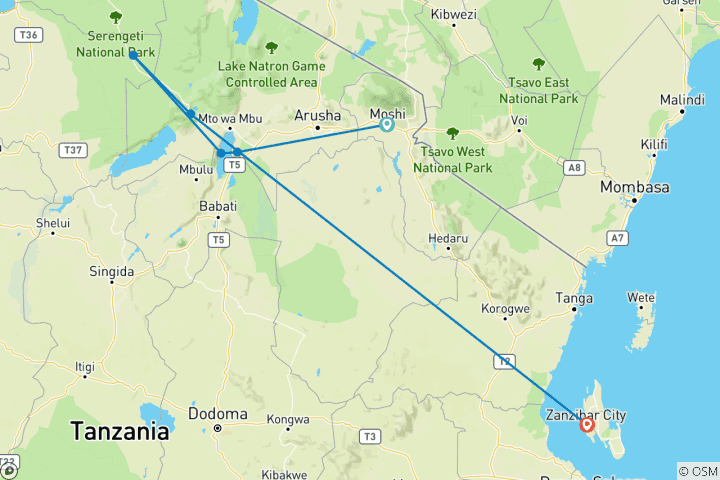 Mapa de Maravillas de la Fauna de Tanzania y Gozo en la Playa de Zanzíbar con Excursión Opcional al Kilimanjaro (10 Días)