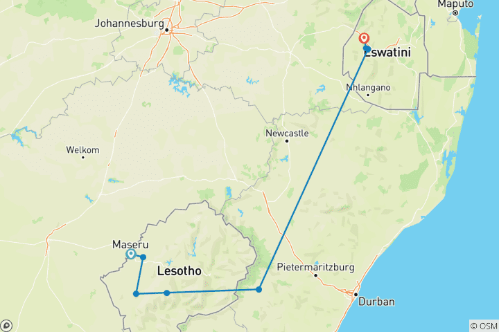 Carte du circuit Points forts du Lesotho et de l'Eswatini (Swaziland)
