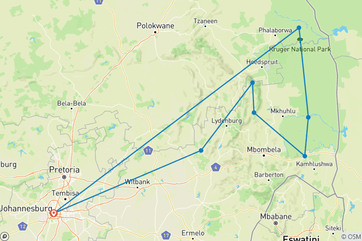 Carte du circuit Kruger & Panorama Escap : 5 jours de safari et d'aventure panoramique en Afrique du Sud