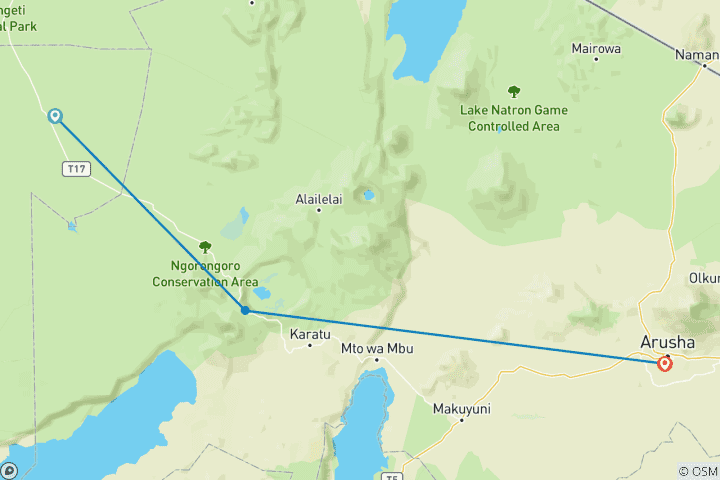 Kaart van 3-daagse Serengeti Nationaal Park en Ngorongoro Krater Tour