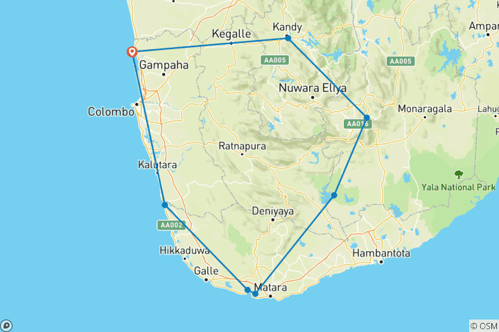 Map of Sri Lankan Adventure - Train, Surf & Safari!