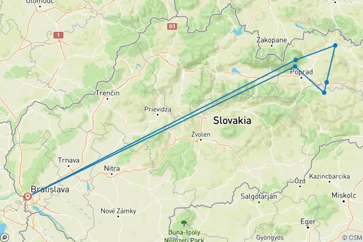 Mapa de 7 Días Tour Privado Eslovaquia Clásica de Castillos, Salida Diaria y Guía y Coche Exclusivos