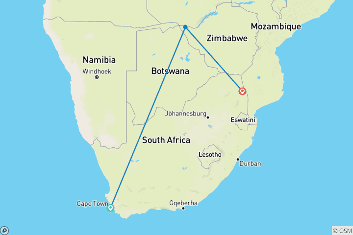 Map of Safari of South Africa, Zimbabwe, Botswanna (Private Transfers)
