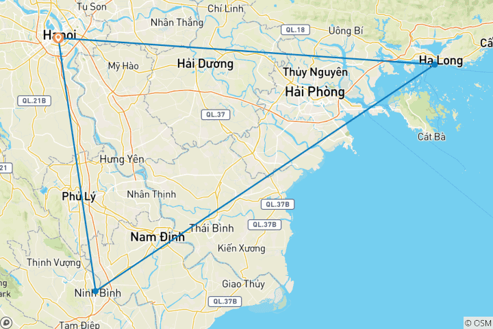 Mapa de Aventura en el Norte de Vietnam 5 días y 4 noches Explorando Hanói - Crucero por la Bahía de Ha Long - Ninh Binh