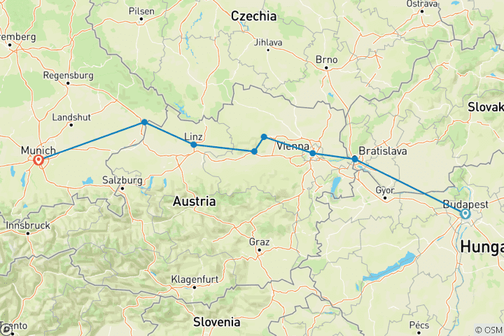 Map of Highlights of the Danube with Munich Budapest → Munich (2026)