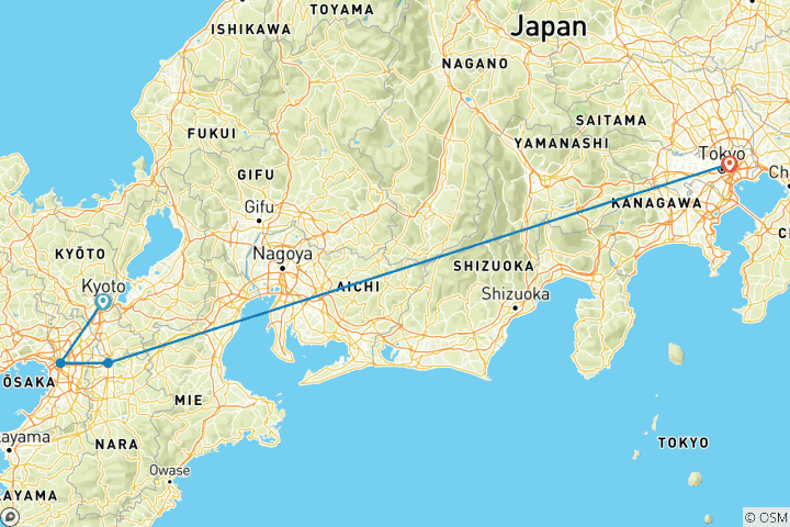 Mapa de Paquete turístico de 5 días a Kioto, Osaka y Nara
