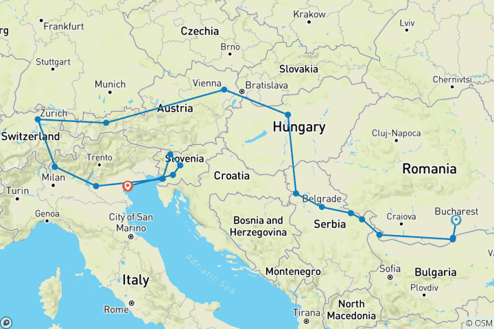 Carte du circuit Croisière et train : Grandes Alpes et hauts lieux de l'Europe de l'Est (2026) (de Bucarest à Venise, 2026)
