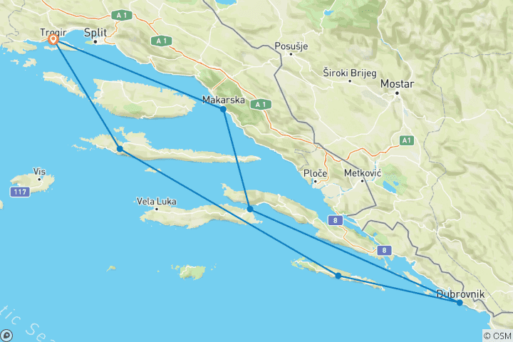 Kaart van 8-daagse Split-retourcruise, Superieure boot, 18-35 jaar