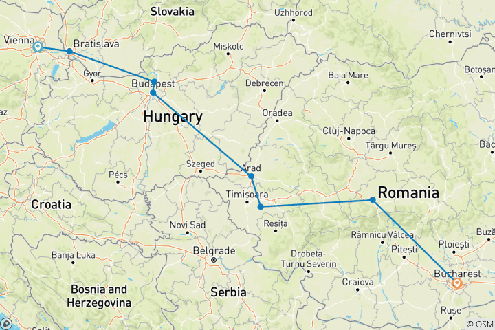 Map of 7 Day Journey exploring Central and Eastern Europe - from Vienna to Bucharest - Small Group Tour