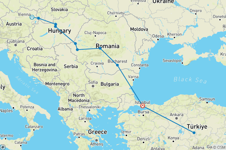 Carte du circuit 11 JOURS - Grand voyage à travers l'Europe centrale : Vienne - Transylvanie - Istanbul - Cappadoce