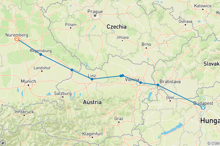 Kaart van Donau in de diepte 2026|2027 - 10 dagen (van Budapest naar Neurenberg)