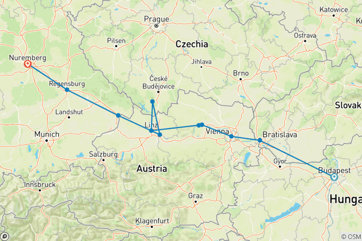 Carte du circuit « Danube in Depth 2026 » - 10 jours (de Budapest à Nuremberg)