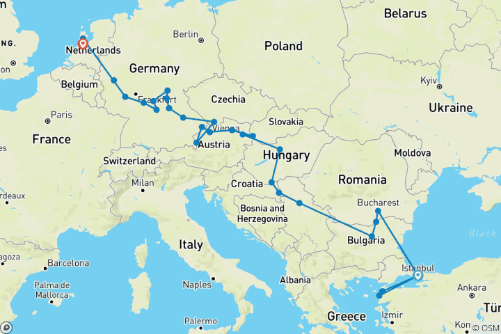 Carte du circuit De la mer du Nord à la mer Noire avec la Turquie 2026 - 29 jours