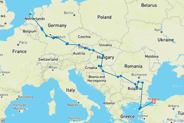 Carte du circuit De la mer du Nord à la mer Noire avec la Turquie 2026 - 29 jours (from Amsterdam to Istanbul)