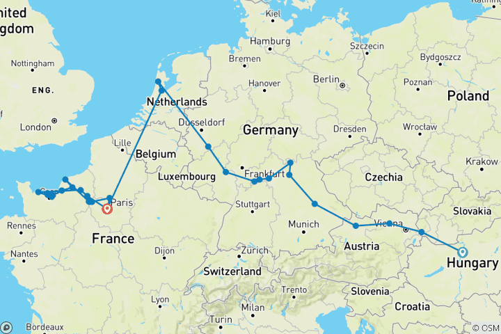 Kaart van Juwelen van Europa & Normandië & Juweeltjes van de Seine 2026 - 25 Dagen (van Budapest naar Parijs)