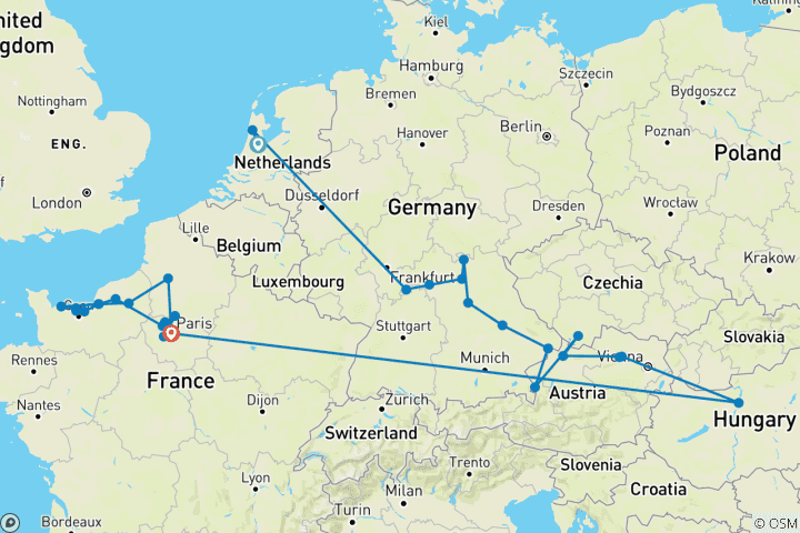 Kaart van Juwelen van Europa & Normandië & Juweeltjes van de Seine 2026 - 25 Dagen (van Amsterdam naar Parijs)