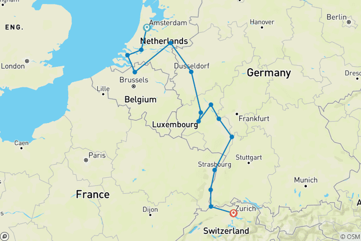 Carte du circuit Romantique Rhin et Moselle Scenic Club Départ 2026 - 15 jours (from Amsterdam to Zurich)