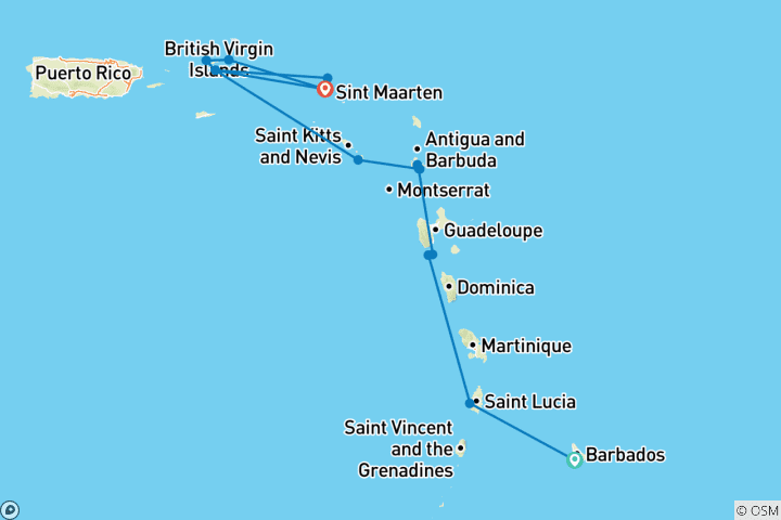 Carte du circuit Découvrez les perles des Caraïbes 2026-2027 – 15 jours (de Bridgetown à Marigot)