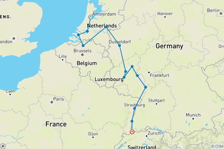 Map of Romantic Rhine and Moselle Scenic Club Departure 2026 - 15 Days (from Amsterdam to Basel)