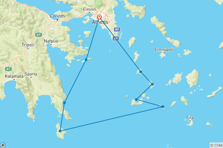Carte du circuit Croisière privée dans les îles grecques - juin 2026